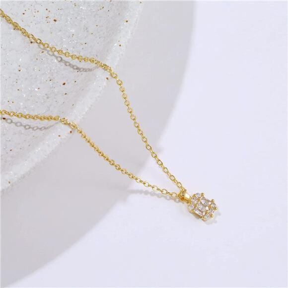 14k Gold Plated Tiny Square CZ Necklace Dainty Necklace Minimalist Gift - Picture 1 of 5
